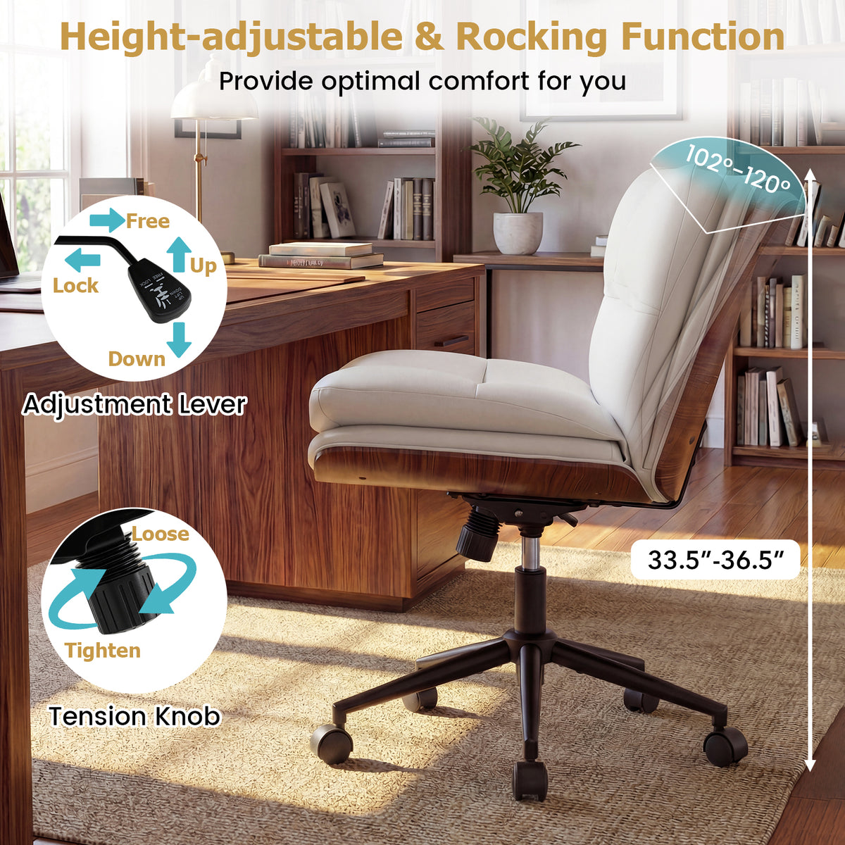 Armless Office Chair, Curved Backrest, Padded Seat, White Armless Chairs at Gallery Canada