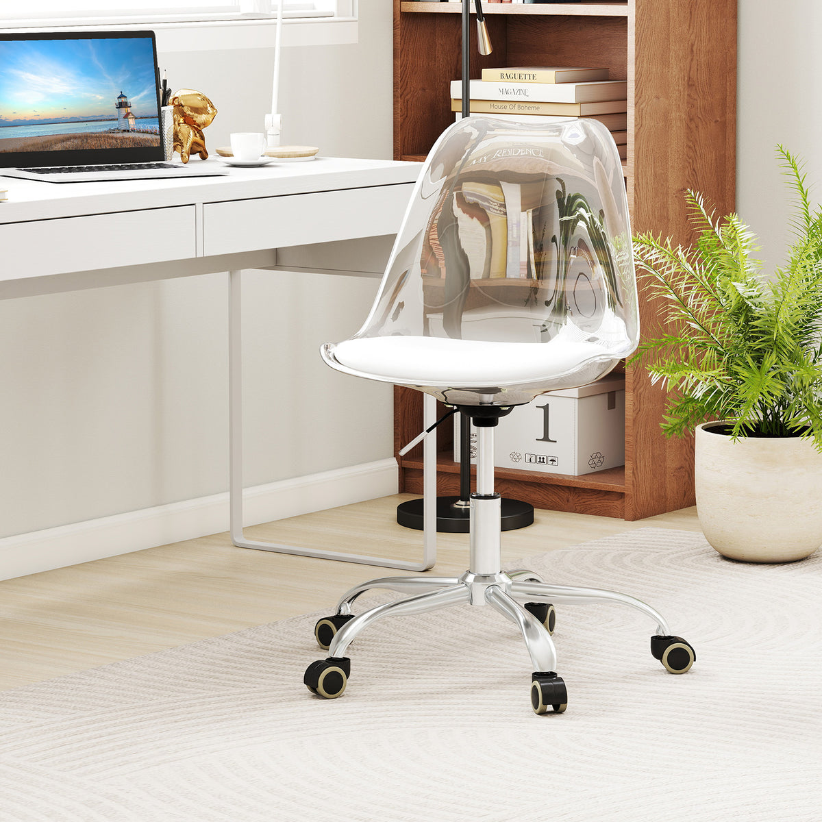 Armless Rolling Office Chair, Swivel Seat, PU Leather Cushion, White Armless Chairs at Gallery Canada