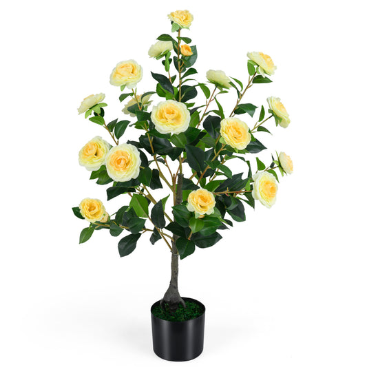 Artificial Camellia Tree, Cement Pot, Yellow Faux Plants Yellow at Gallery Canada