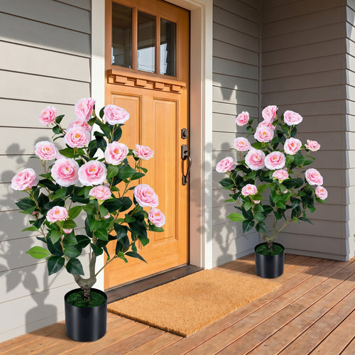 Artificial Camellia Tree, Cement-Filled Pot, Pink