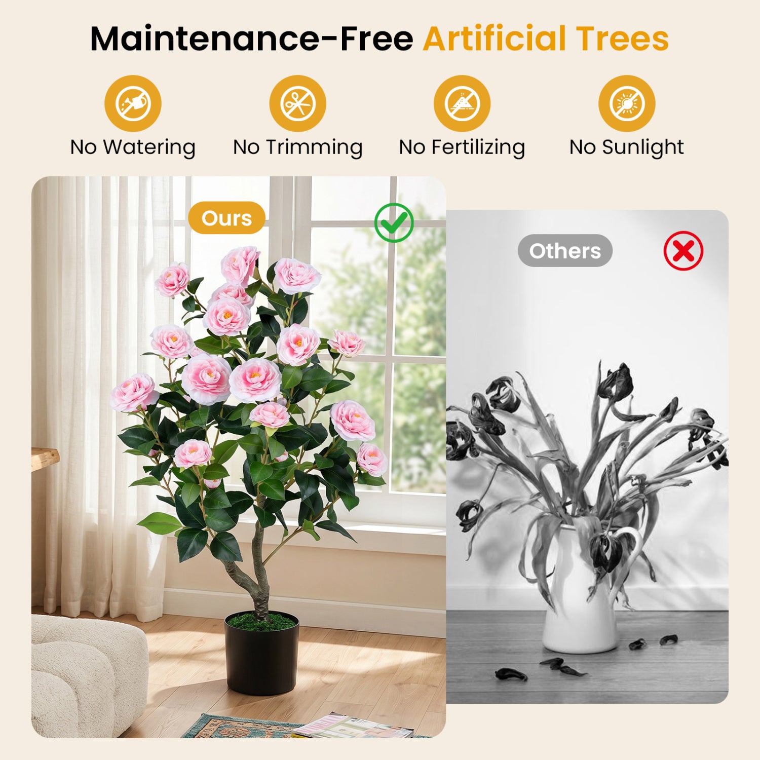 Artificial Camellia Tree, Cement-Filled Pot, Pink Faux Plants at Gallery Canada