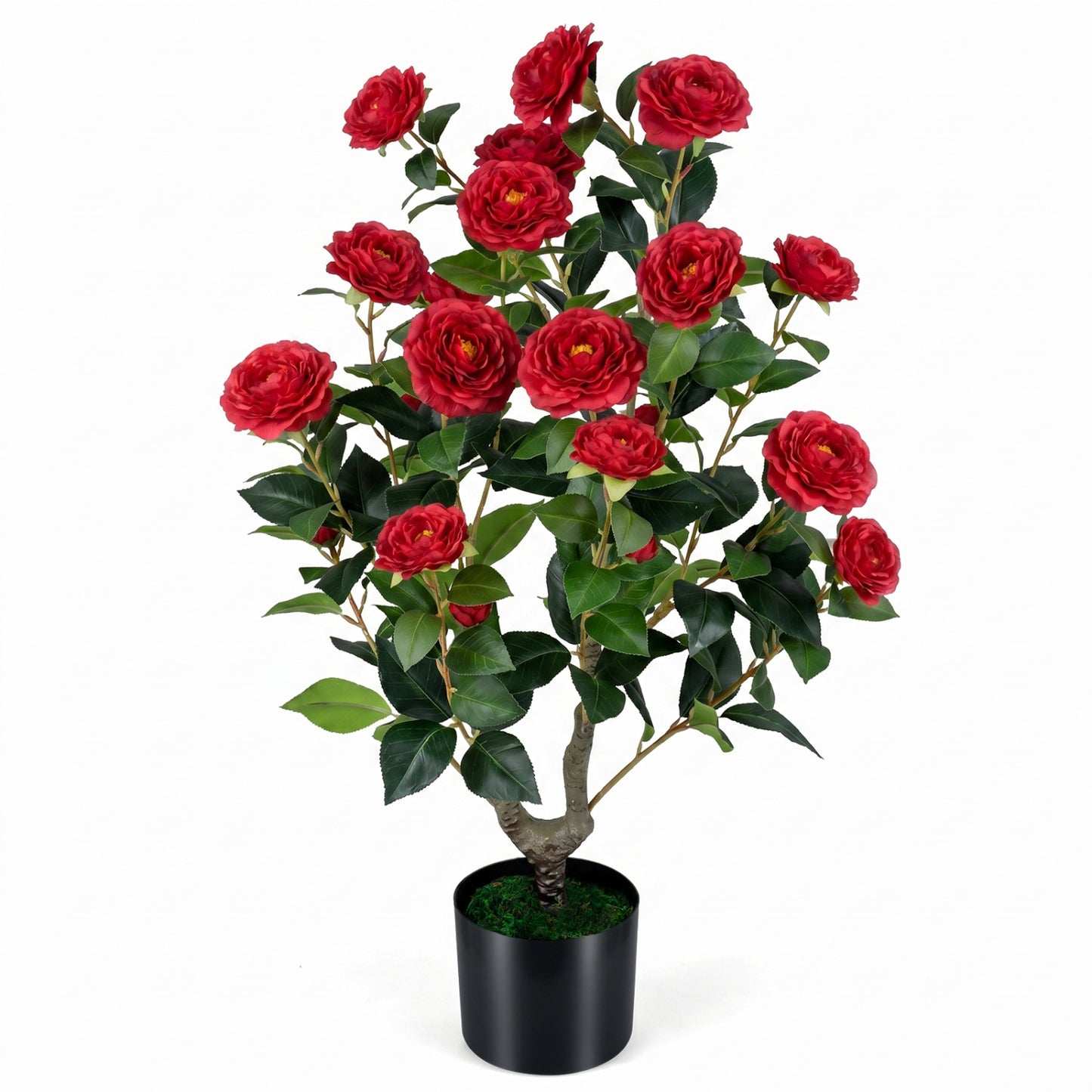 Artificial Camellia Tree Faux Flower Plant in Cement-Filled Pot, Red Faux Plants Red at Gallery Canada