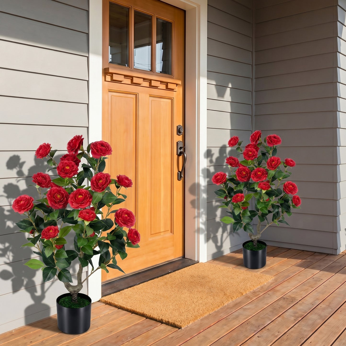 Artificial Camellia Tree Faux Flower Plant in Cement-Filled Pot, Red Faux Plants at Gallery Canada