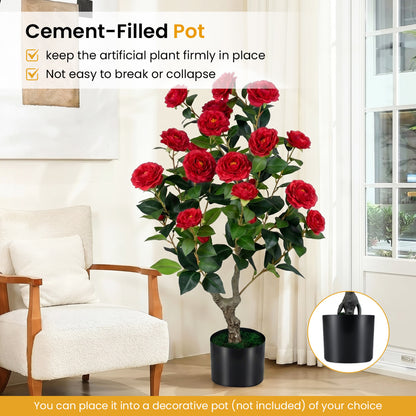 Artificial Camellia Tree Faux Flower Plant in Cement-Filled Pot, Red Faux Plants at Gallery Canada