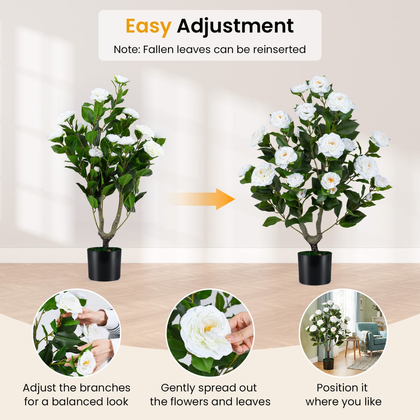 Artificial Camellia Tree Faux Flower Plant in Cement-Filled Pot, White Faux Plants at Gallery Canada