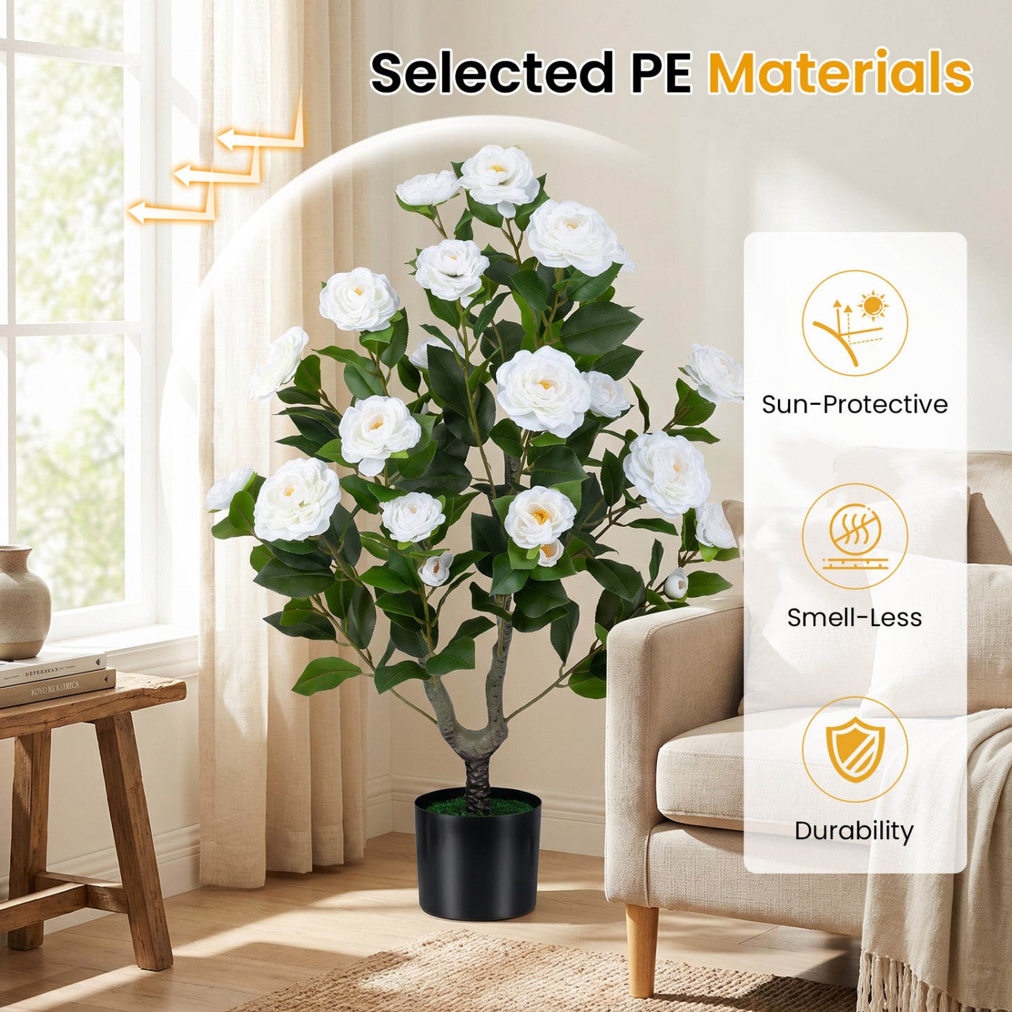 Artificial Camellia Tree Faux Flower Plant in Cement-Filled Pot, White Faux Plants at Gallery Canada