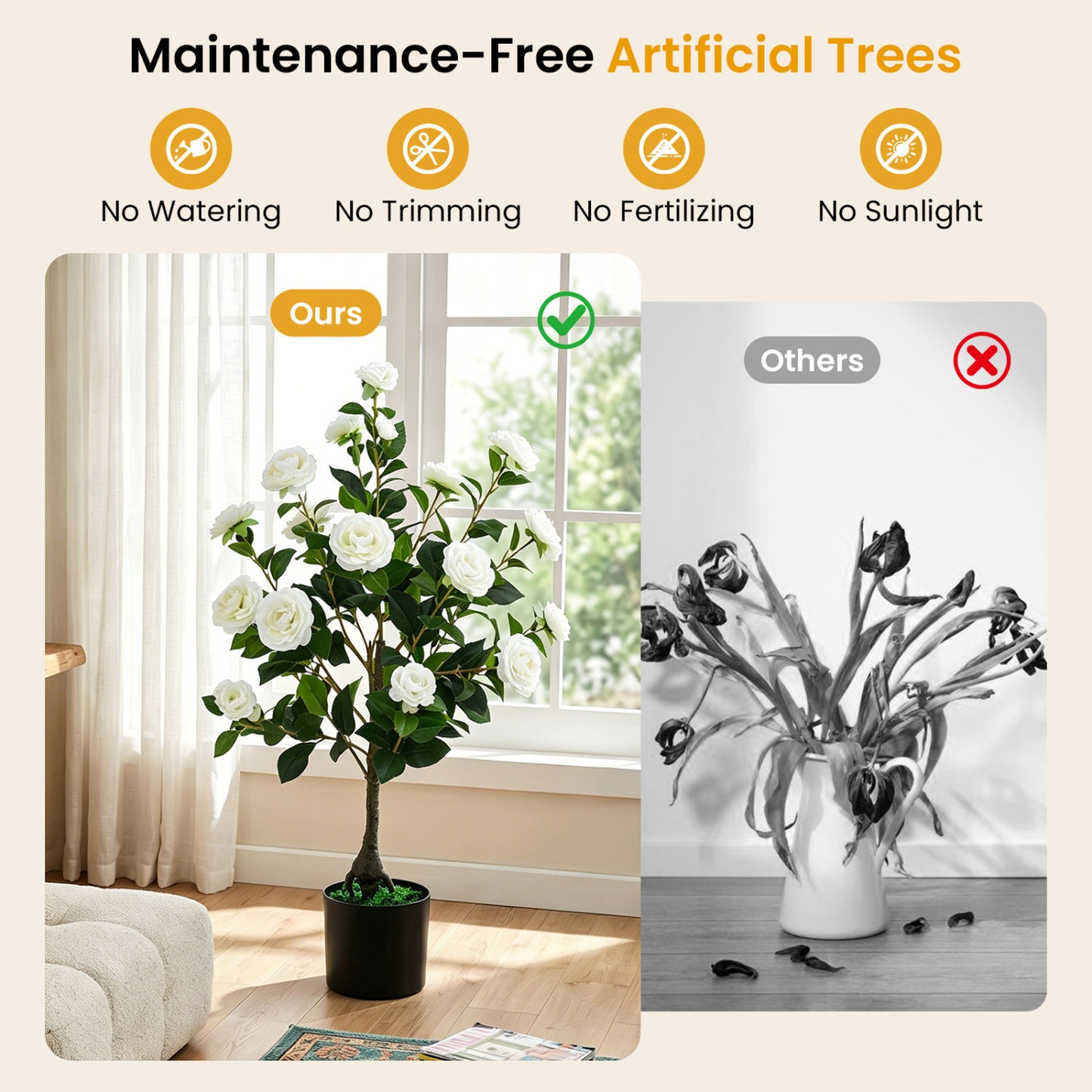 Artificial Camellia Tree Faux Flower Plant in Cement-Filled Pot, White Faux Plants at Gallery Canada