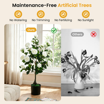 Artificial Camellia Tree Faux Flower Plant in Cement-Filled Pot, White Faux Plants at Gallery Canada