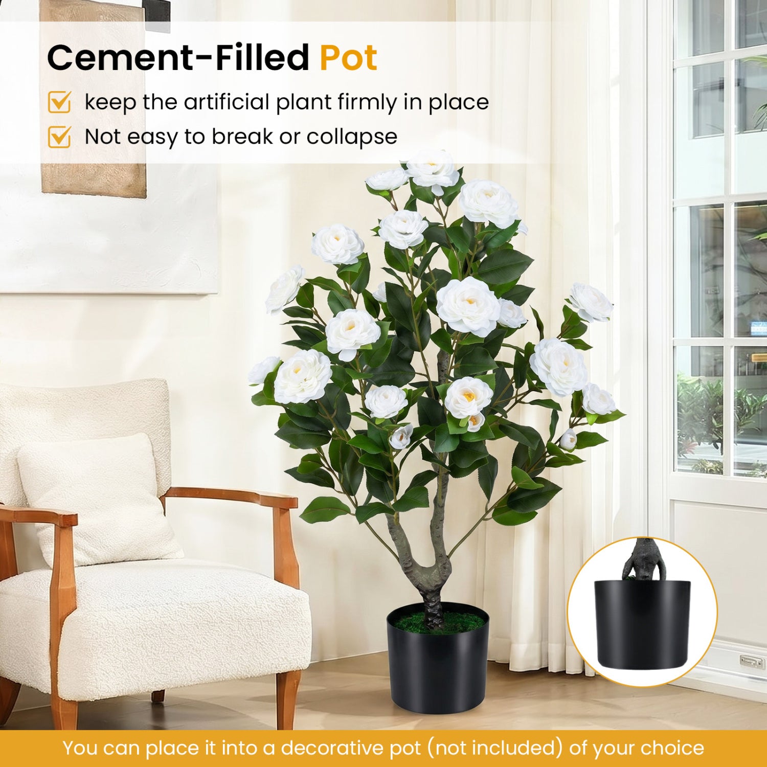 Artificial Camellia Tree Faux Flower Plant in Cement-Filled Pot, White Faux Plants at Gallery Canada