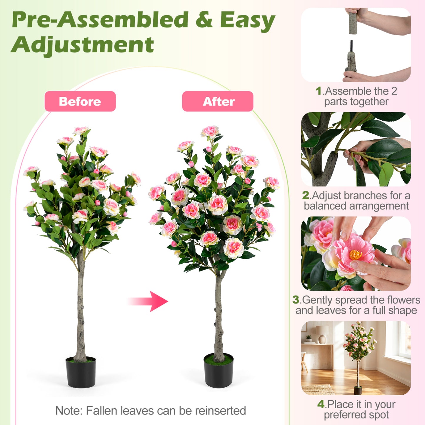 Artificial Camellia Tree, 27 Blossoms, Cement Pot Faux Plants at Gallery Canada