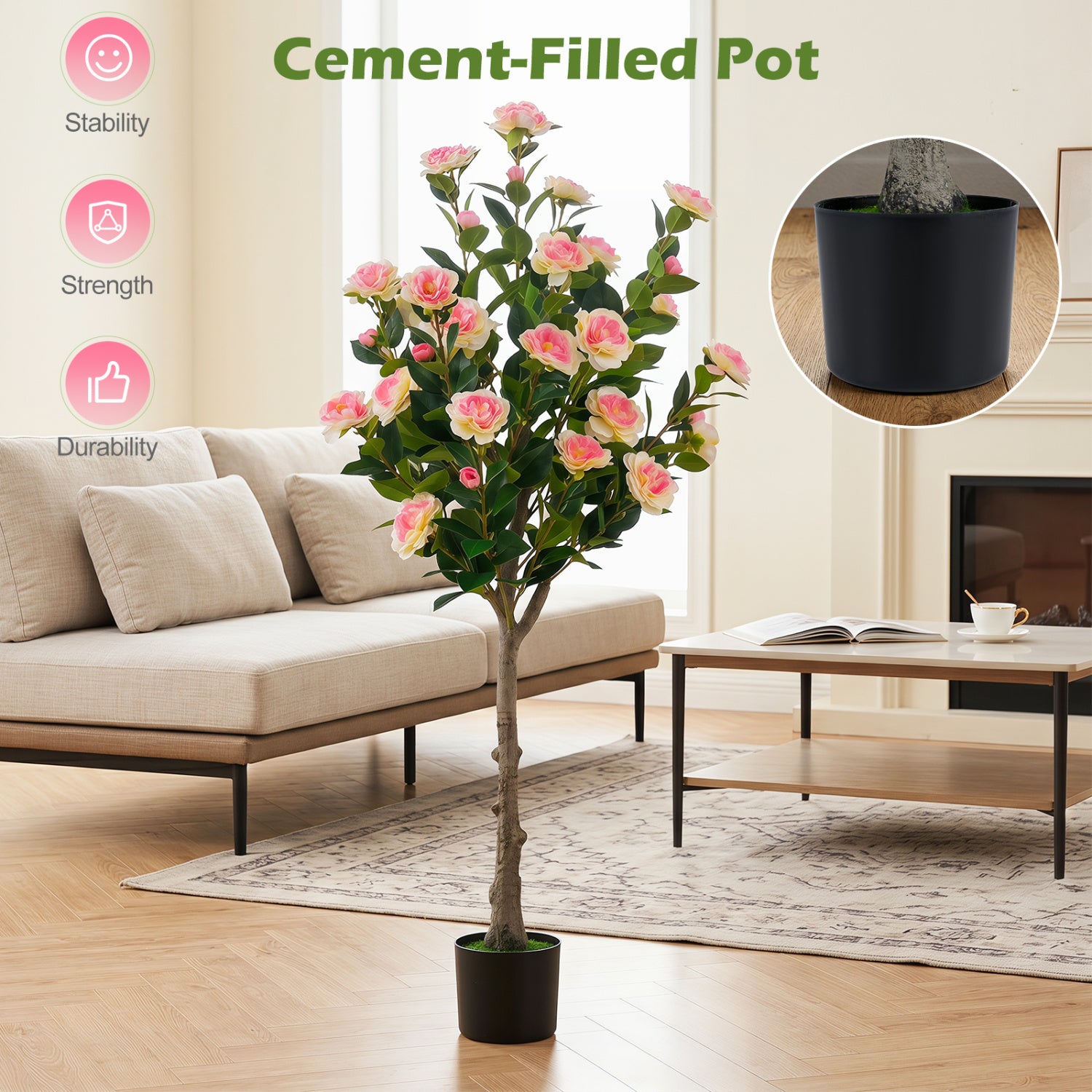 Artificial Camellia Tree, 27 Blossoms, Cement Pot Faux Plants at Gallery Canada