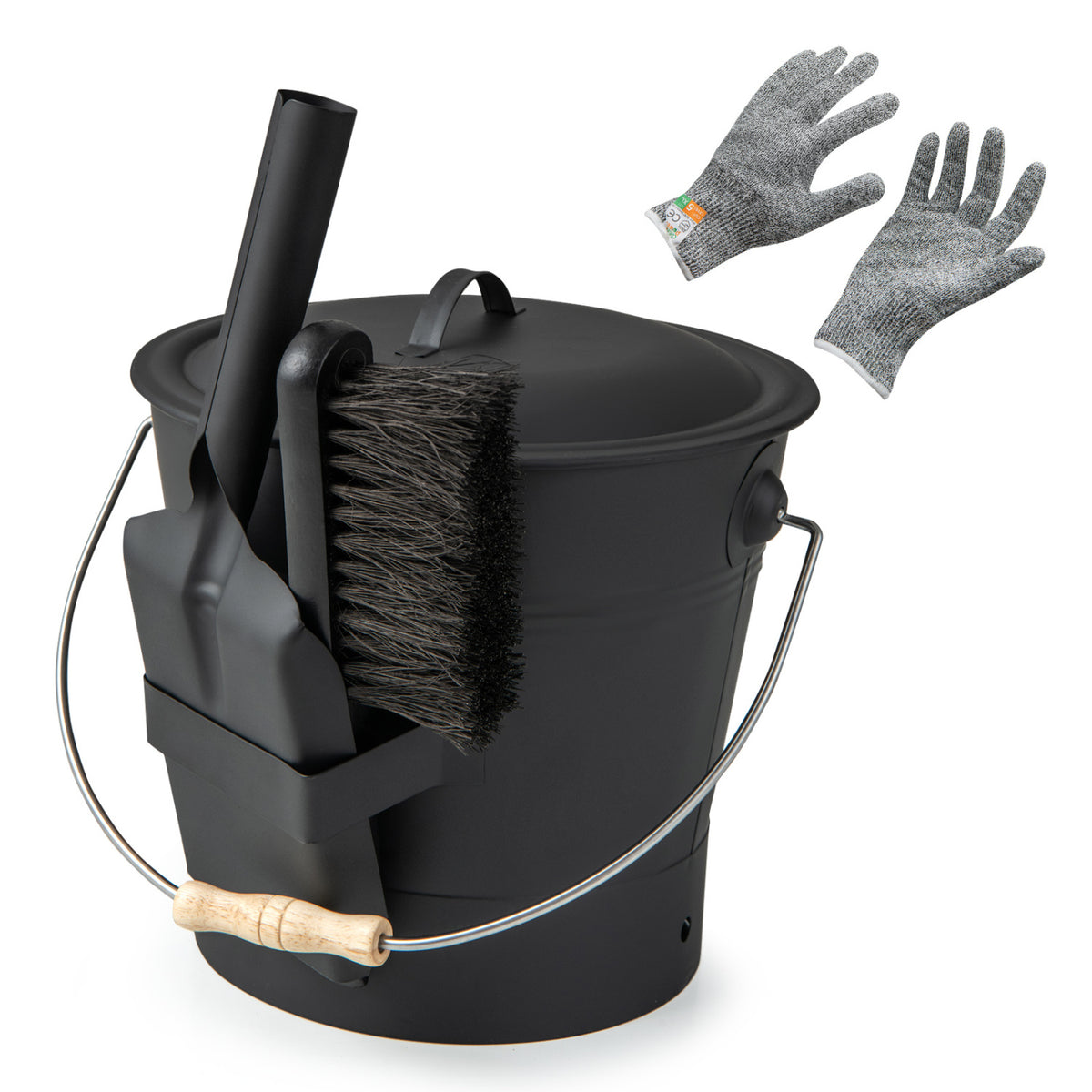 Ash Bucket with Lid and Cut-resistant Gloves, Black Fireplace Tools Black at Gallery Canada
