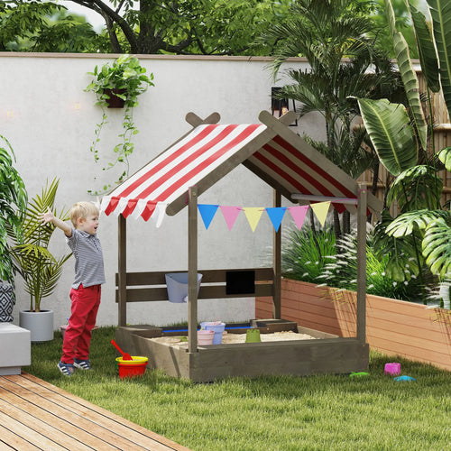 Outdoor Wooden Sandbox With Cover, 3-7 Years Old, Backyard, Grey