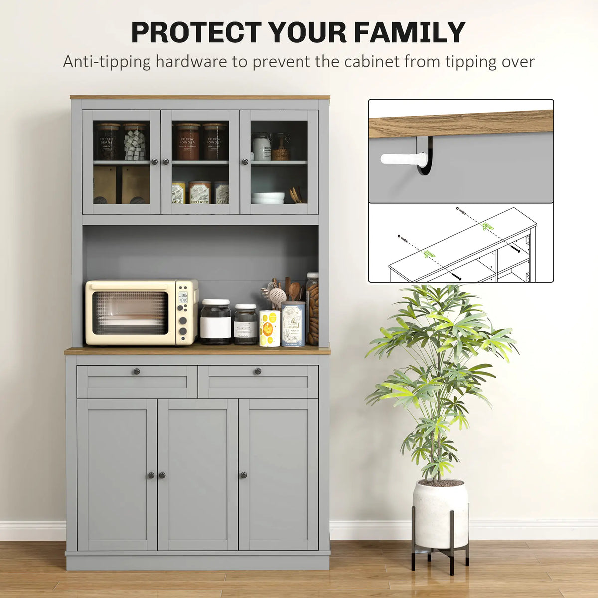 71" Pantry Cabinet with Microwave Space, 2 Drawers, Adjustable Shelves, Grey Kitchen Pantry Cabinets at Gallery Canada