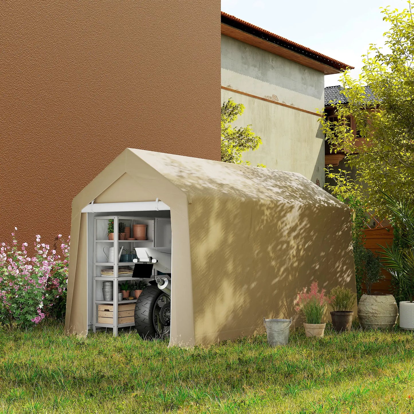 7' x 12' Outdoor Storage Shed, Portable Garage, Roll-up Door, Beige Sheds at Gallery Canada