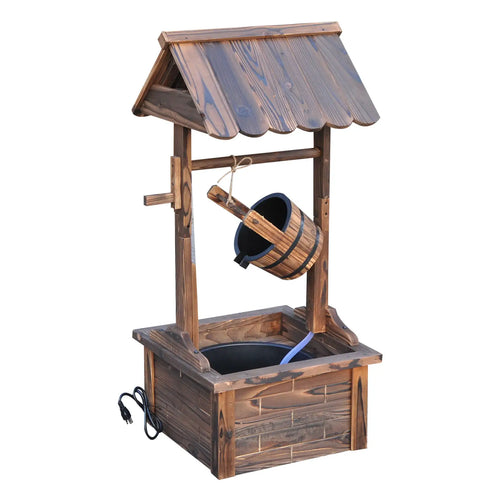 Wooden Well Wishing Fountain, Outdoor Electric Pump Water Bucket, Patio Garden, Carbonized