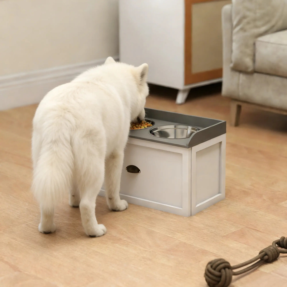 Raised Dog Bowls Feeding Station, 2 Stainless Steel Bowls, 23.6"x11.8"x14.2", White Dog Bowls at Gallery Canada
