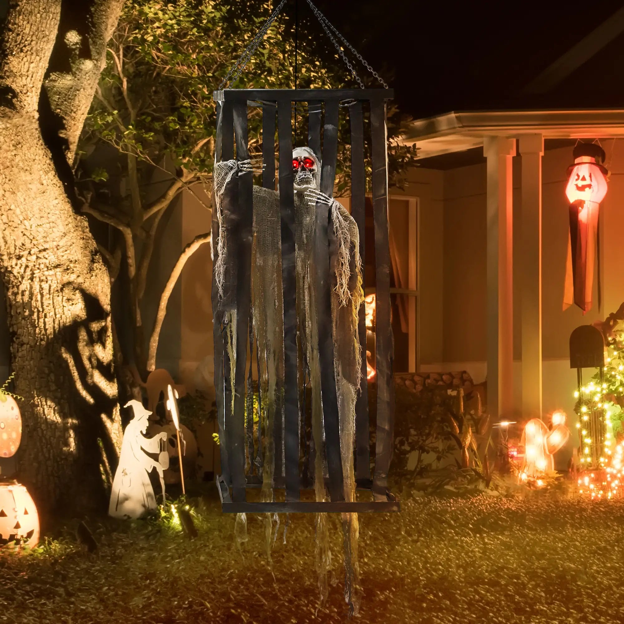 Animatronics Hanging Skeleton Reaper in Cage, Voice-Activated, Flashing Eyes Halloween Decorations at Gallery Canada