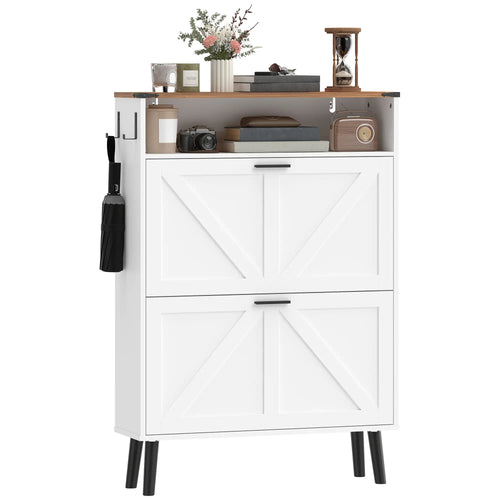 Shoe Storage Cabinet With 2 Flip Drawers, Farmhouse Narrow, White