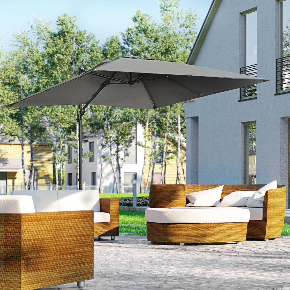 9ft Square Cantilever Patio Umbrella, Crank Handle, Tilt, Dark Grey Cantilever Umbrellas at Gallery Canada