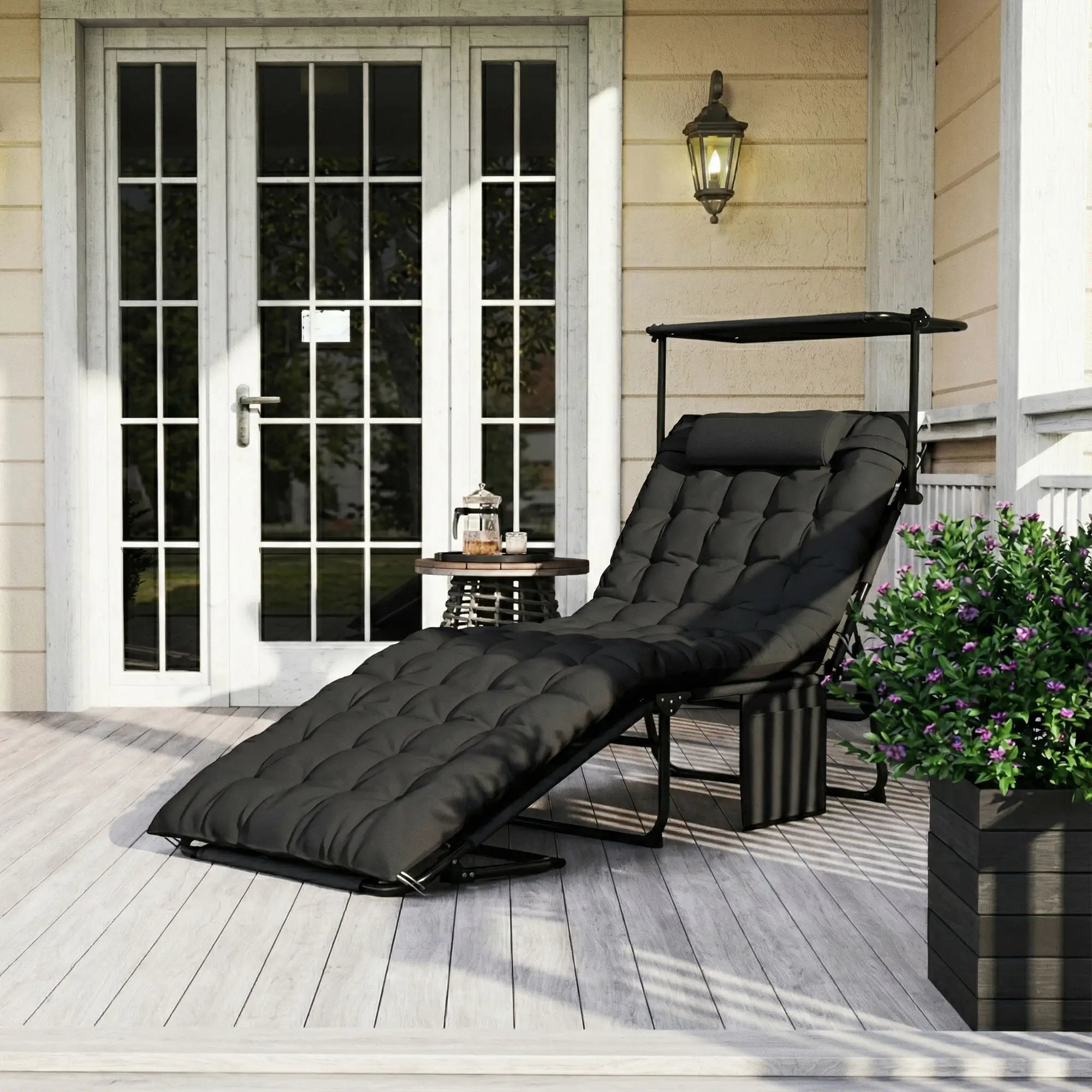 Folding Lounge Chair With Adjustable Canopy, 4-Position Tanning Chair, Black Lounger Chairs at Gallery Canada