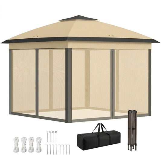 11' x 11' Pop Up Gazebo, Double Roof, Foldable, Adjustable, Beige Pop Up Canopies Beige at Gallery Canada