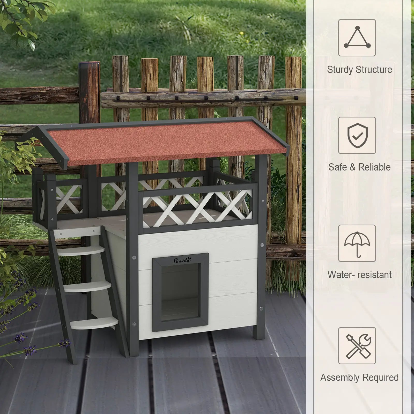 Wooden 2-Story Cat Shelter, Asphalt Roof, Stairs, Balcony, 30