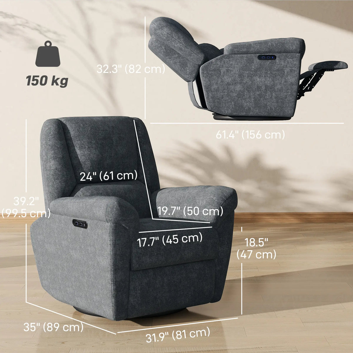 Power Recliner Chair, Fabric Upholstery, USB Ports, Swivel Rocking, Dark Grey Single Sofas at Gallery Canada