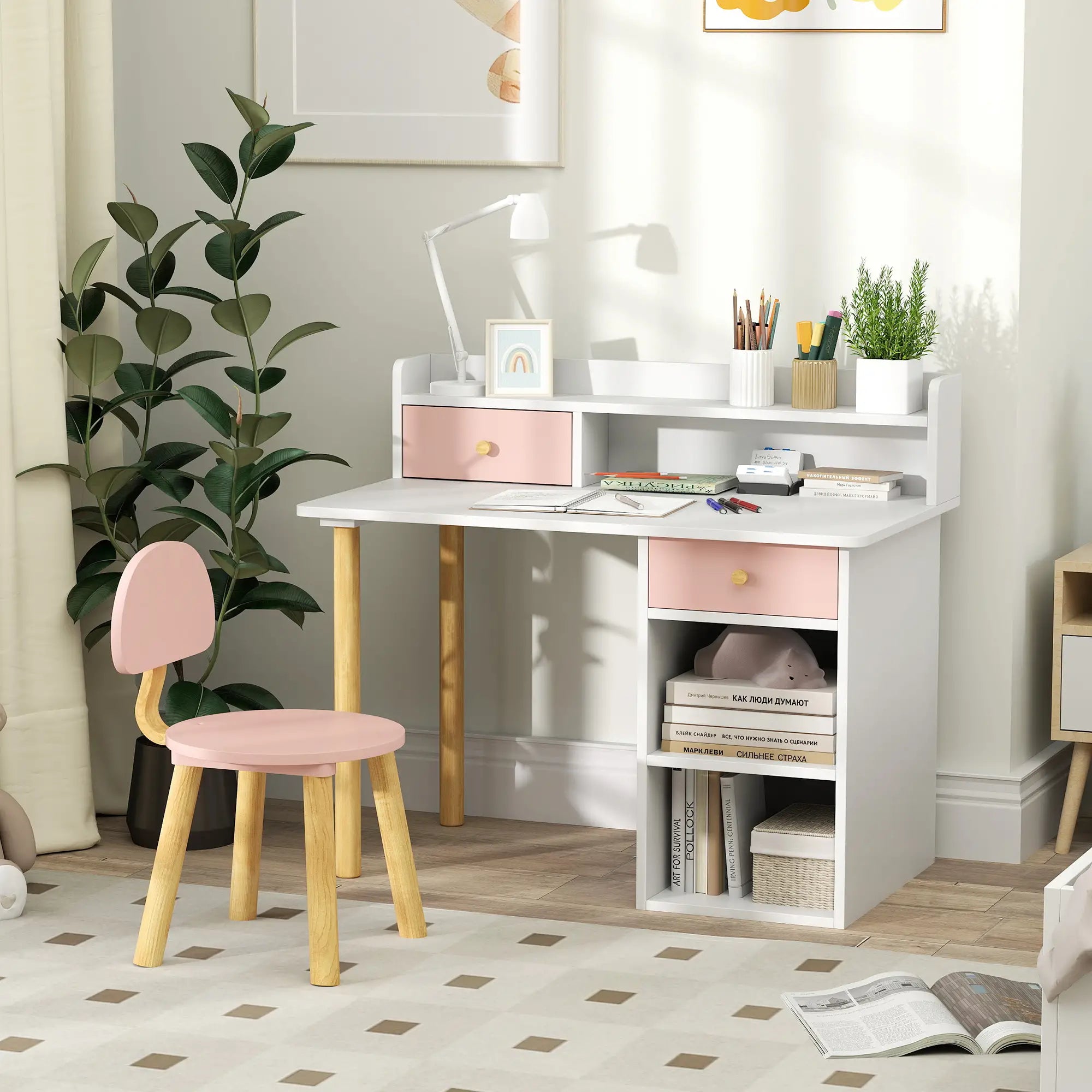 Kids Study Table and Chair Set, Desk with Storage, for 3-8 Year Old, Pink Kids Desk Sets at Gallery Canada
