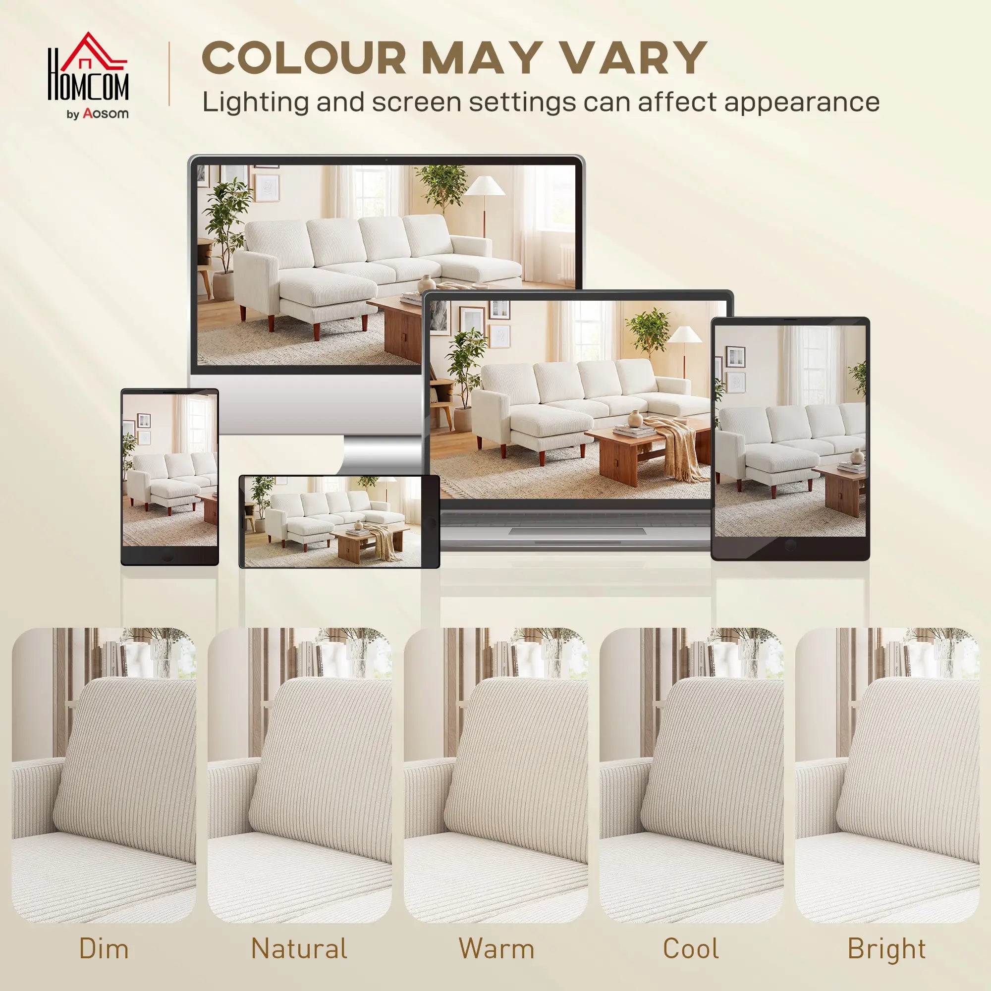 U Shaped Sectional Sofa, Corduroy, Double Chaise, Spring Cushions, 2200lb, Beige 3-Seater Sofas at Gallery Canada
