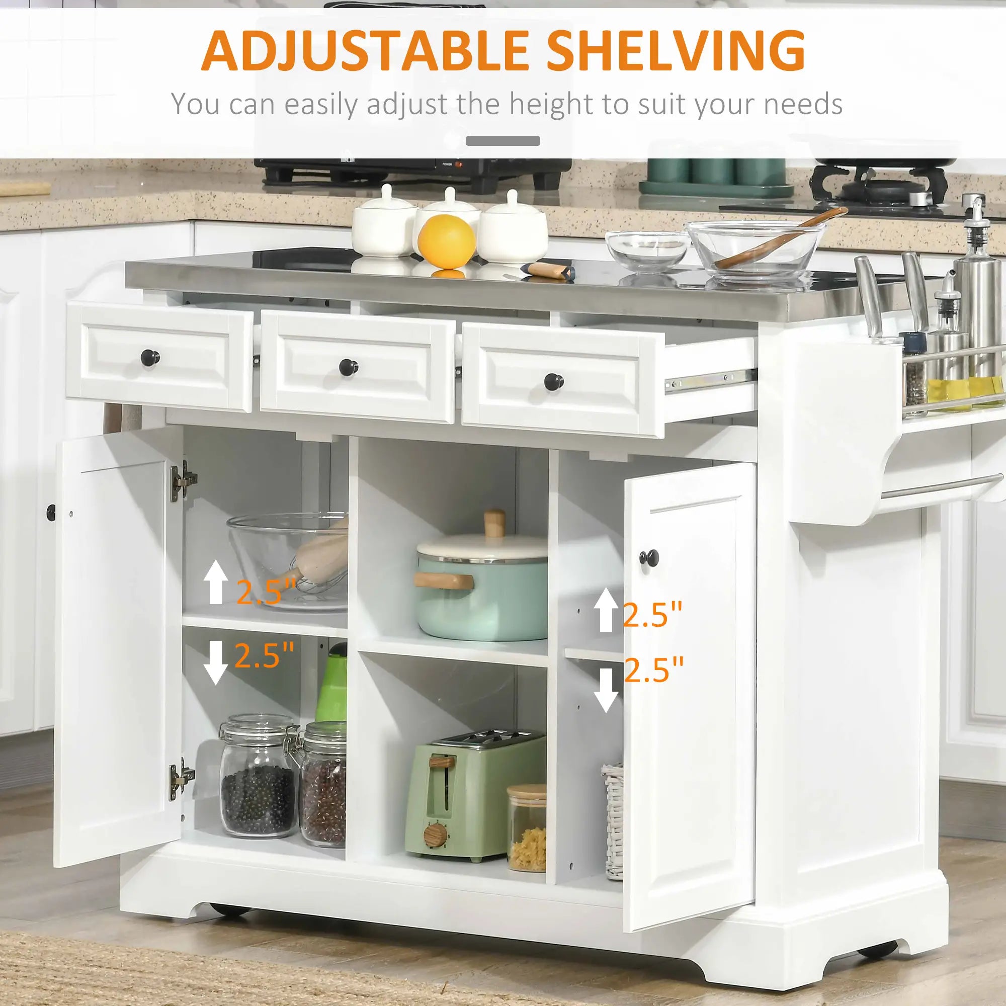 Kitchen Island on Wheels, Stainless Steel Top, Spice Rack, Drawers, White Kitchen Islands & Kitchen Carts at Gallery Canada