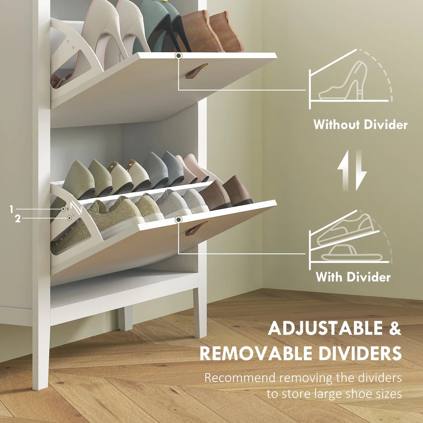 Narrow Shoe Cabinet, 2 Flip Drawers, Adjustable Shelves, Holds 10-14 Pairs, White Shoe Storage Cabinets & Racks at Gallery Canada
