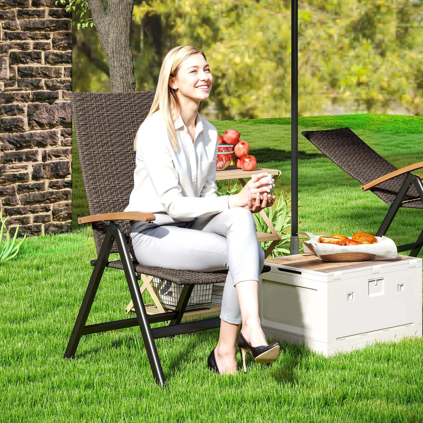 Folding Wicker Patio Dining Chair, 5-Level Reclining, Wooden Armrests, Brown Patio Chairs at Gallery Canada