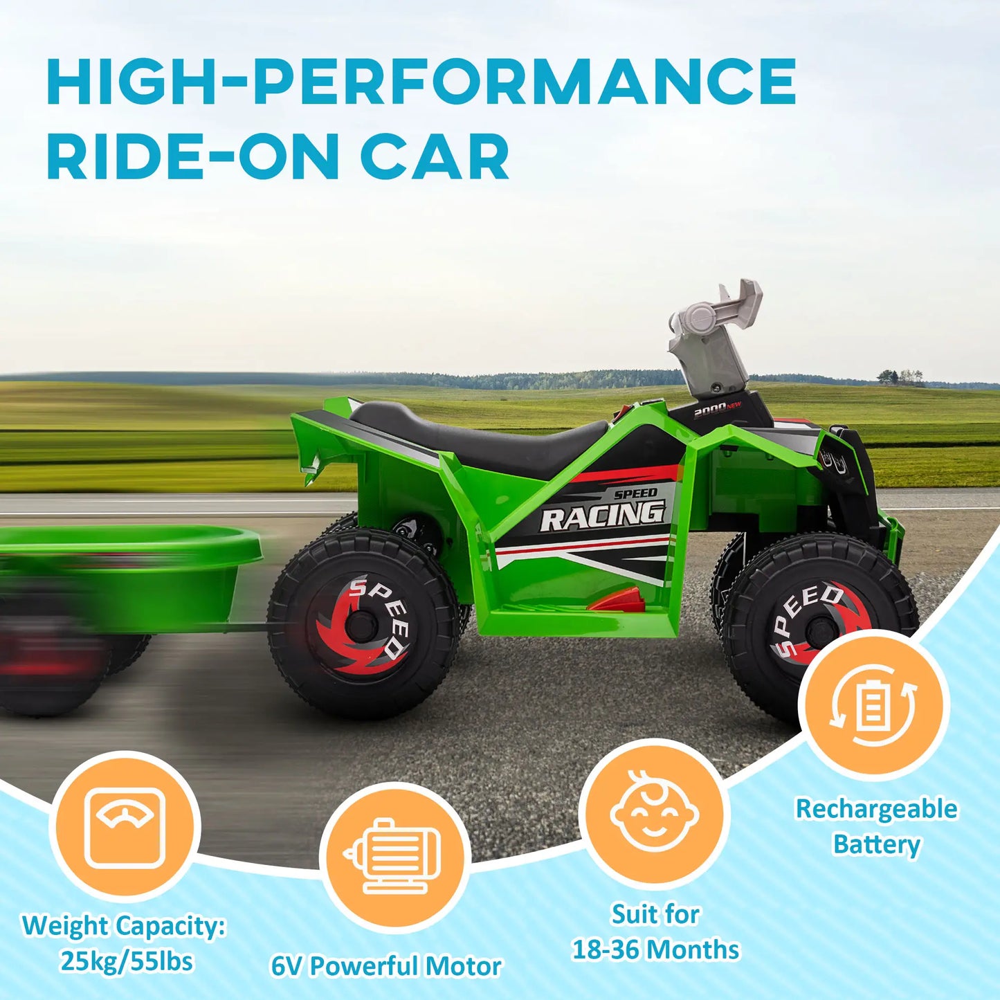 6V Electric Toy Car with Back Trailer, Forward Backward, Green Electric Ride On Toys at Gallery Canada