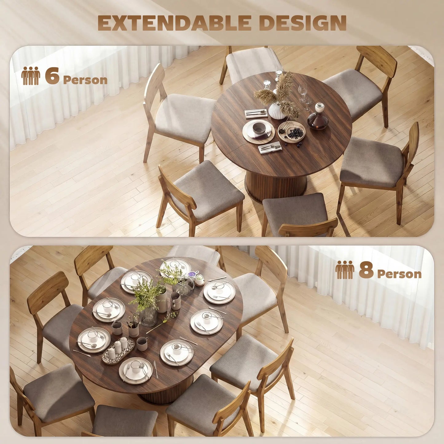 Extendable Kitchen Table, 43.5"-59", Walnut Wood Grain, Pedestal Base Dining Tables at Gallery Canada