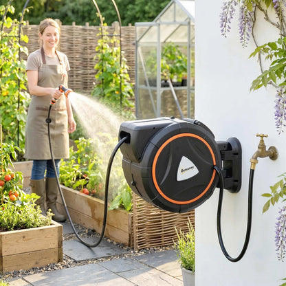 Retractable Garden Hose Reel, 1/2" x 92ft Wall Mounted Hose Reel with 12-Pattern Nozzles, Auto Retraction, Self-Locking Garden Accessories at Gallery Canada