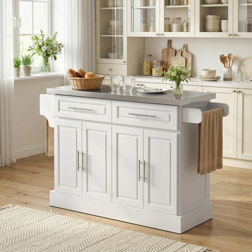 Rolling Kitchen Island with Storage, Stainless Steel Top, Drawers, Cabinets