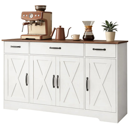 55" White Sideboard Buffet Cabinet, Farmhouse Kitchen With Barn Doors, White Bar Cabinets White, Dark Brown at Gallery Canada