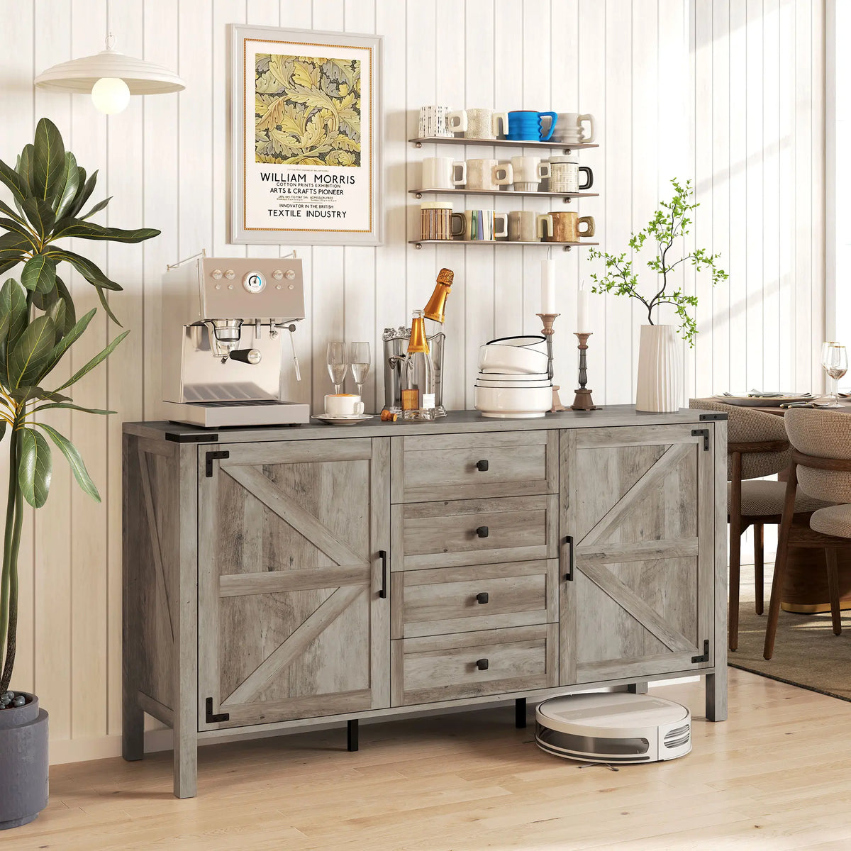 59" Buffet Cabinet, Farmhouse Sideboard, 2 Barn Doors, 4 Drawers, Grey Storage Cabinets at Gallery Canada