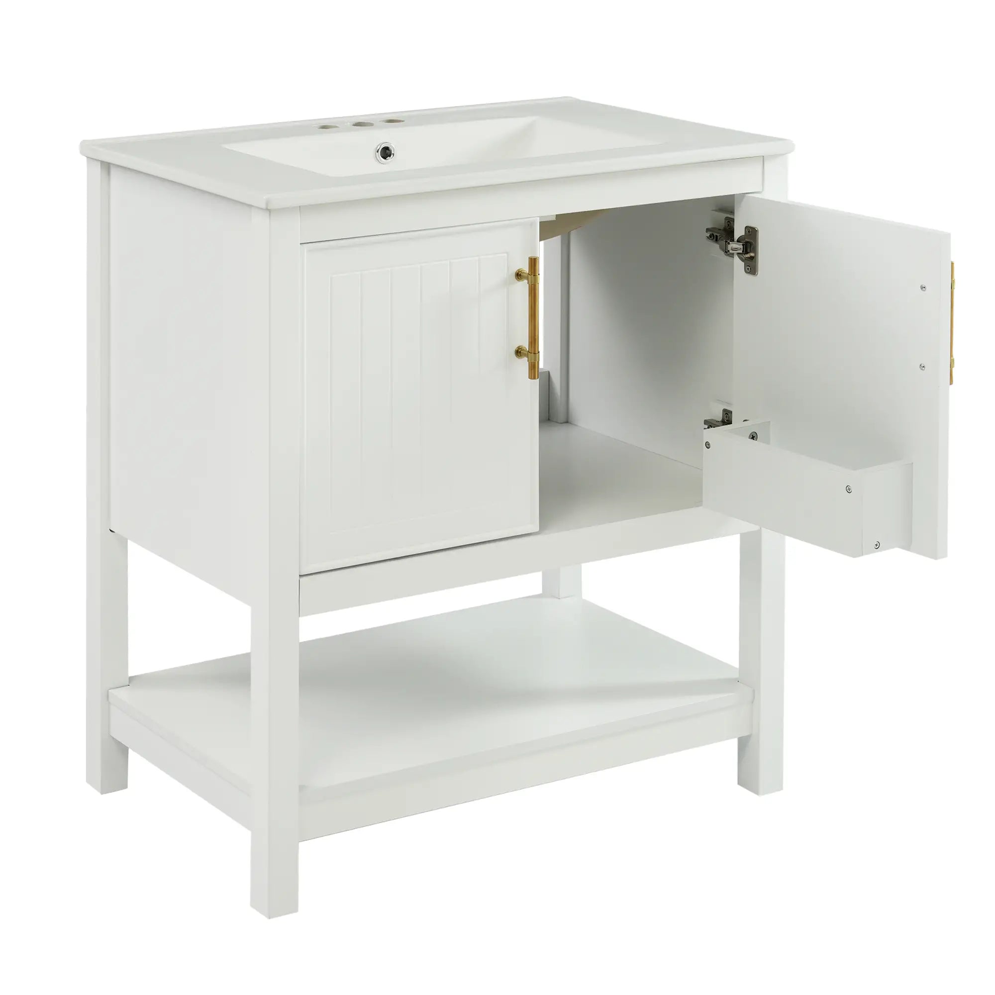 Bathroom Vanity with Ceramic Sink, Gold Handles, Soft Close Doors, 30