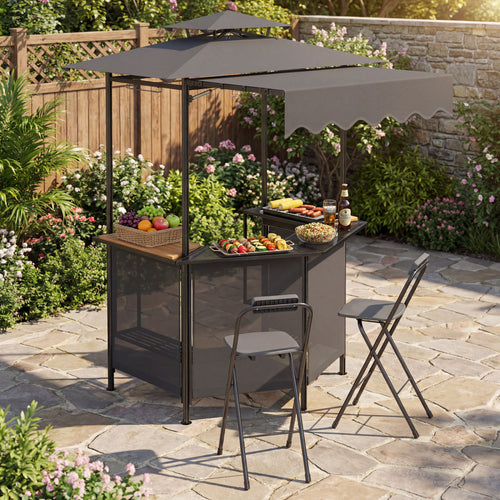 BBQ Gazebo Canopy with 4 Slatted Metal Shelves 6 Hanging Hooks and 2-Row Glass Holders, Black