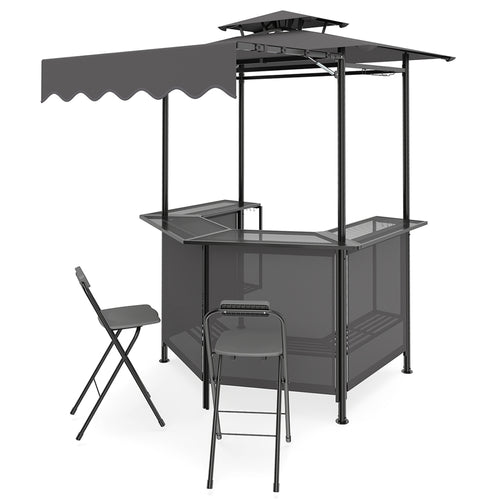 BBQ Gazebo Canopy with 4 Slatted Metal Shelves 6 Hanging Hooks and 2-Row Glass Holders, Black
