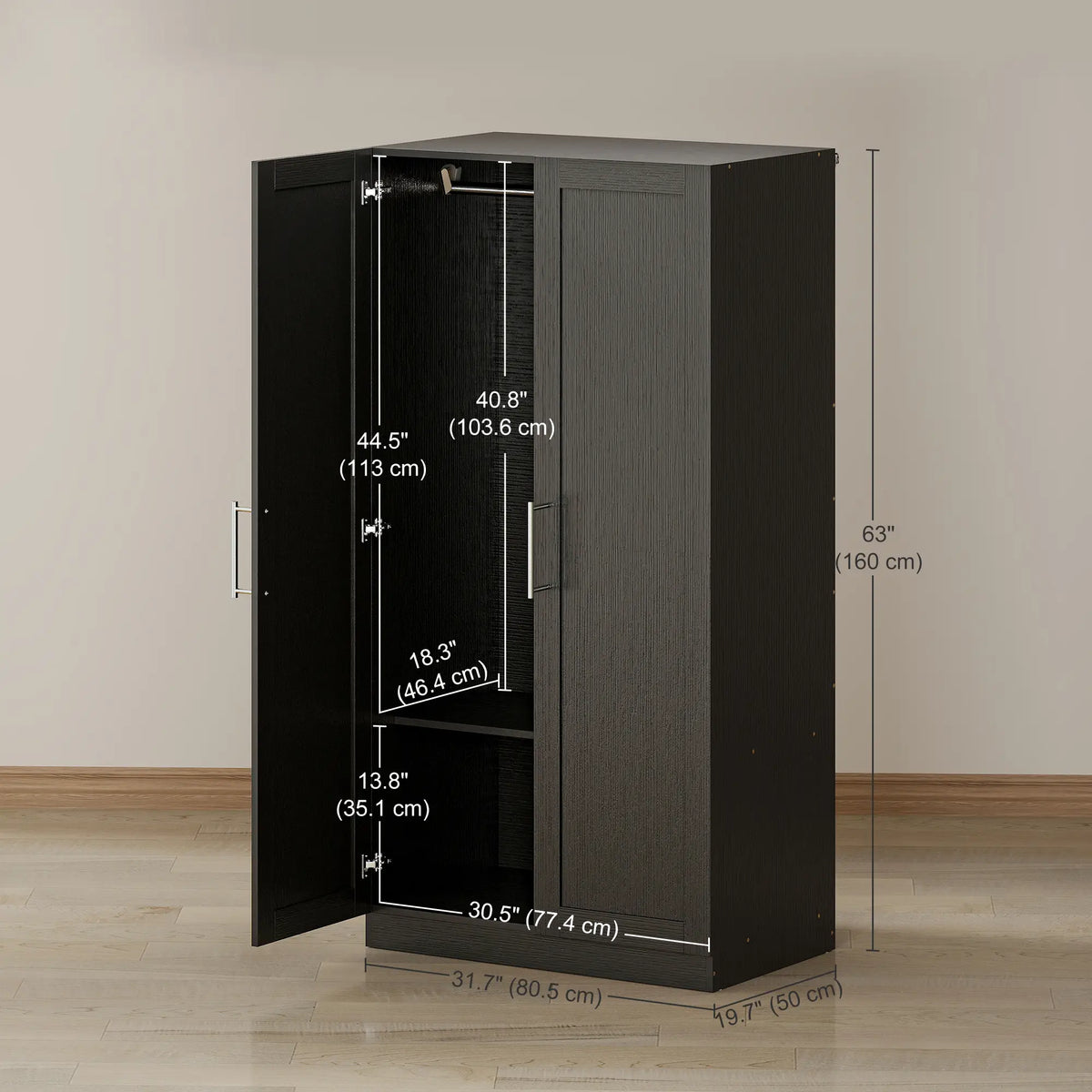 Modern Armoire Wardrobe Cabinet, 2 Doors With Hanging Rod, Black Wood Effect, Black Clothing Storage at Gallery Canada