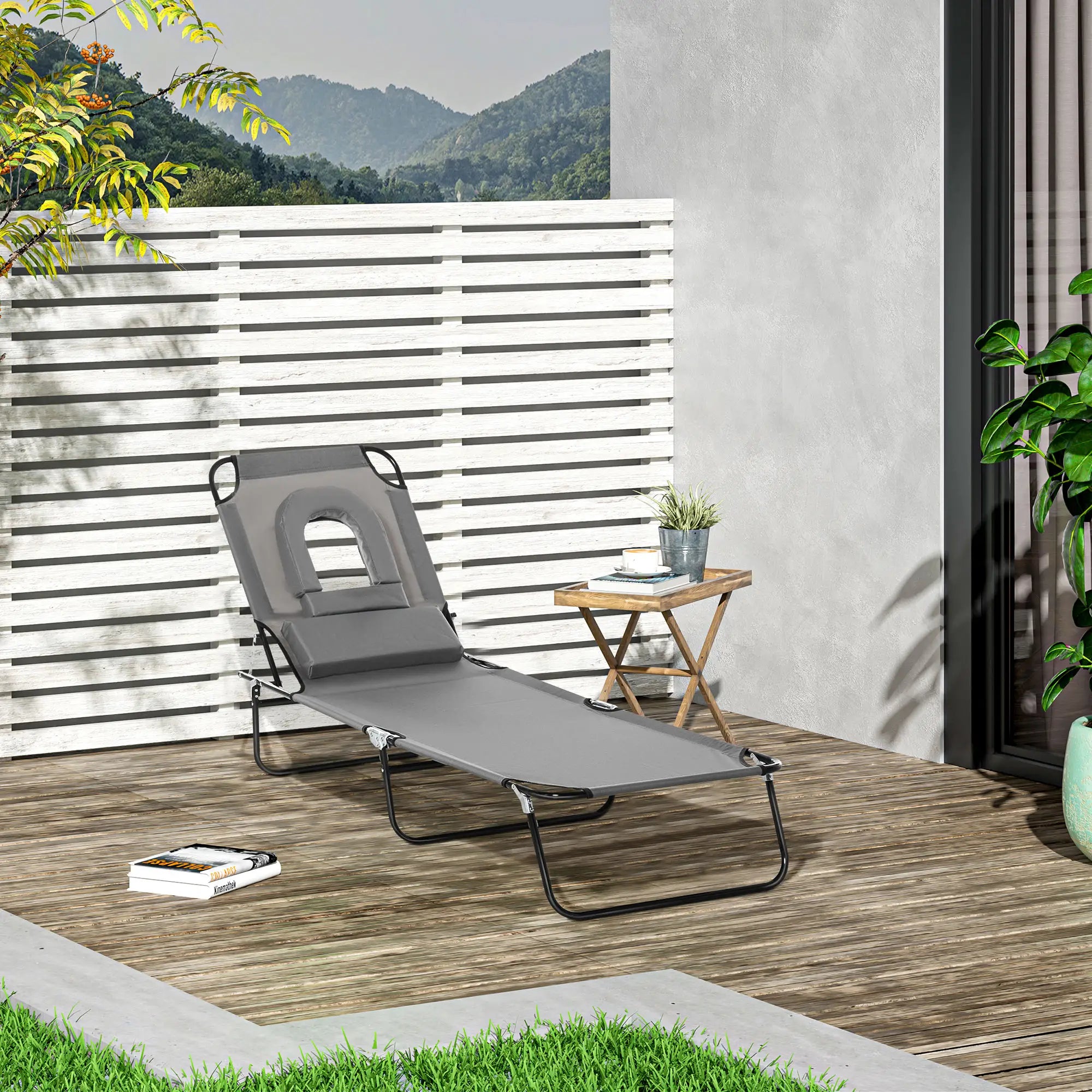 Adjustable Outdoor Lounge Chair, Folding Chaise with Face Hole, Grey Lounger Chairs at Gallery Canada