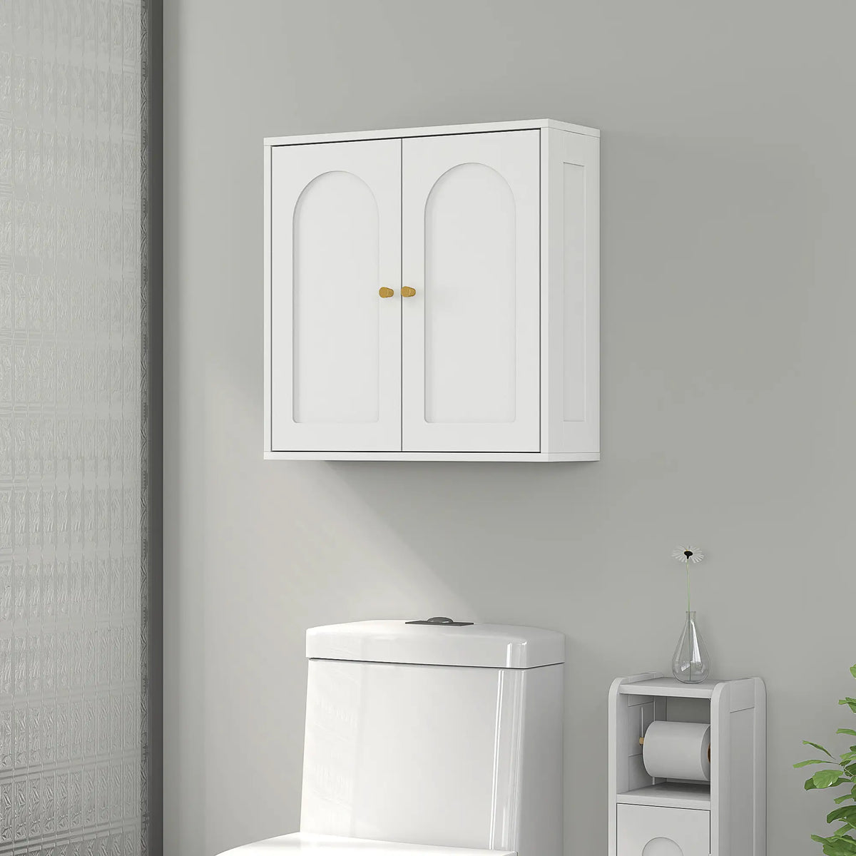 Modern Medicine Cabinet, Wood Grain, 2 Arched Doors, Gold Handles, White Bathroom Cabinets at Gallery Canada