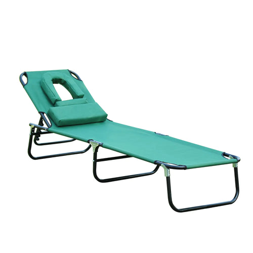 Folding Outdoor Lounge Chair, Portable Reclining Beach Lounger, Detachable Pillow, 3-Position Adjustable, Green