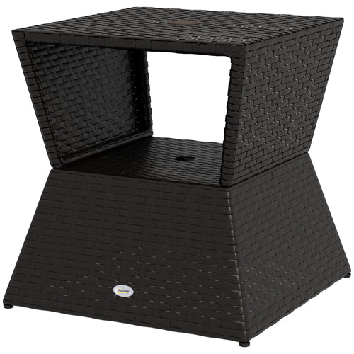 Outdoor Rattan Coffee Table, Garden Side Table w/ Umbrella Hole, Dark Coffee