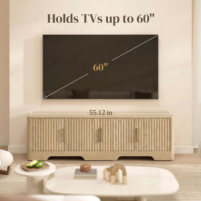 TV Stand for TVs up to 60", Modern Entertainment Center with Fluted Doors for Living Room, Oak