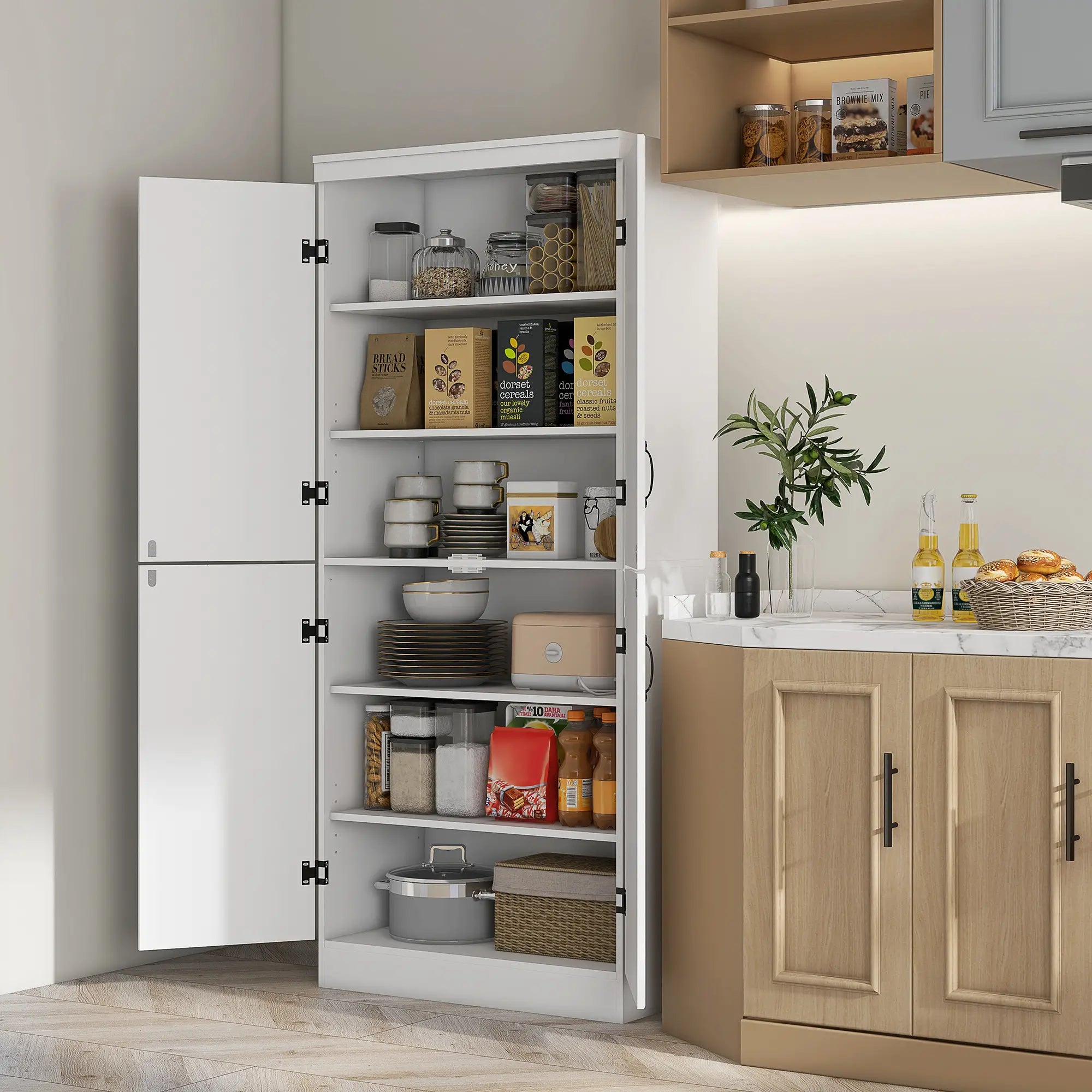 4-Door Storage Cabinet, Freestanding Pantry with Adjustable Shelves, 70