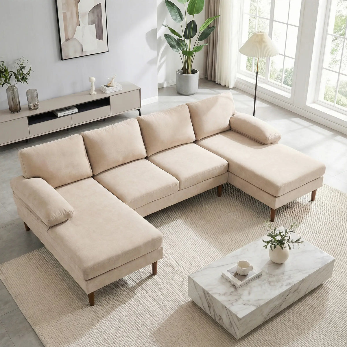 U Shape Couch, Double Chaise Lounge, 4 Seater Sofa, Wooden Legs, Beige Sofas & Reclining Chairs at Gallery Canada